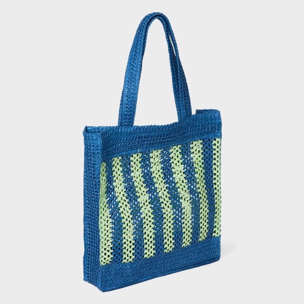 Universal Thread  Blue Green Striped Straw Crochet Tote Handbag - Picture 3 of 9